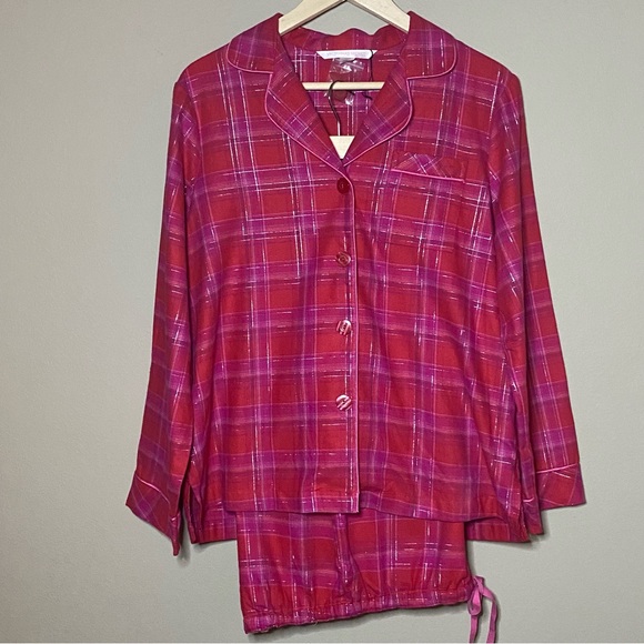 Victoria’s Secret Pajama Set Small Red Pink Plaid With Gold Thread Chest Pocket - Picture 1 of 14